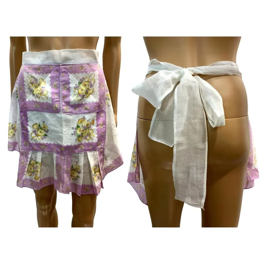 Vintage 50s Lilac Floral Hankie Apron Handmade Sheer Hostess Tea Apron